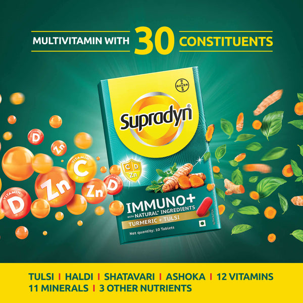 Supradyn Immuno+ Multivitamin with Turmeric & Tulsi | Tablet for Energy & Immunity-  10 Tablets