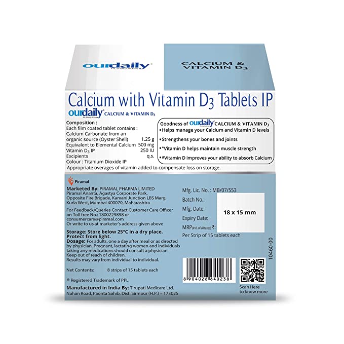 Ourdaily Calcium & Vitamin D3 Tablets | Daily Supplement For Stronger Bones & Joints